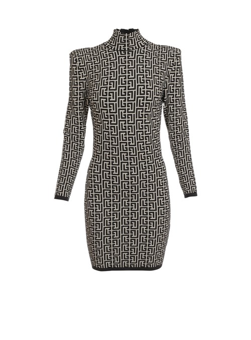 Balmain Corta Bicolor Jacquard Knit Vestido With Balmain Monogram Negros | ATFC-52417