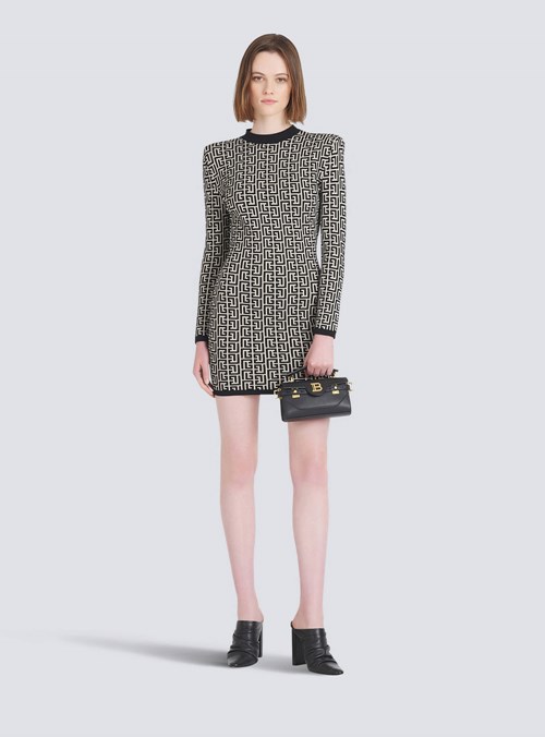 Balmain Corta Bicolor Jacquard Vestido With Balmain Monogram Negros | ABNE-18956
