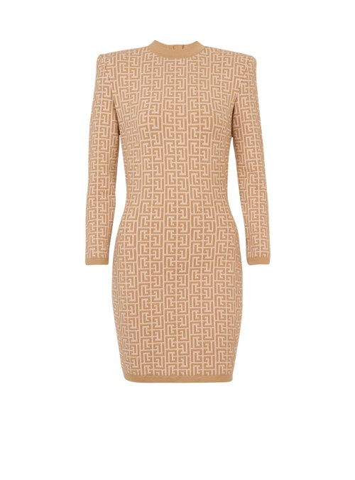 Balmain Corta Bicolor Jacquard Vestido With Balmain Monogram Beige | LQOR-26849