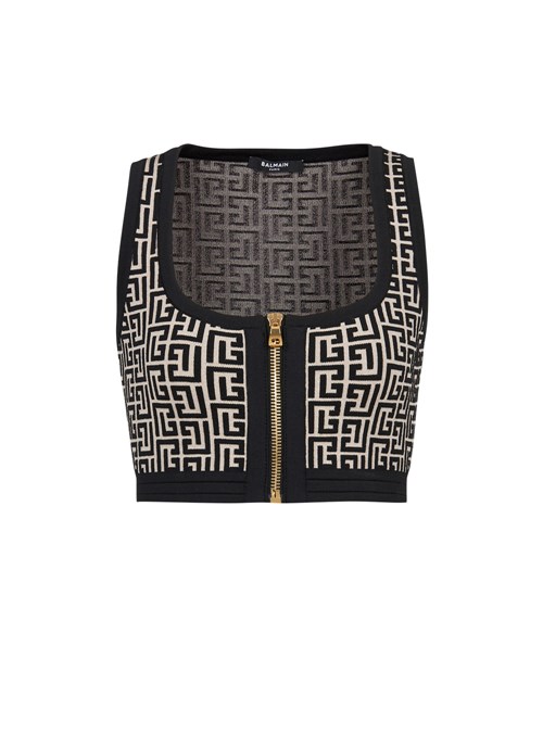 Balmain Cropped Bicolor Knit Sports Bra Top With Balmain Monogram Negros | HWCQ-67412